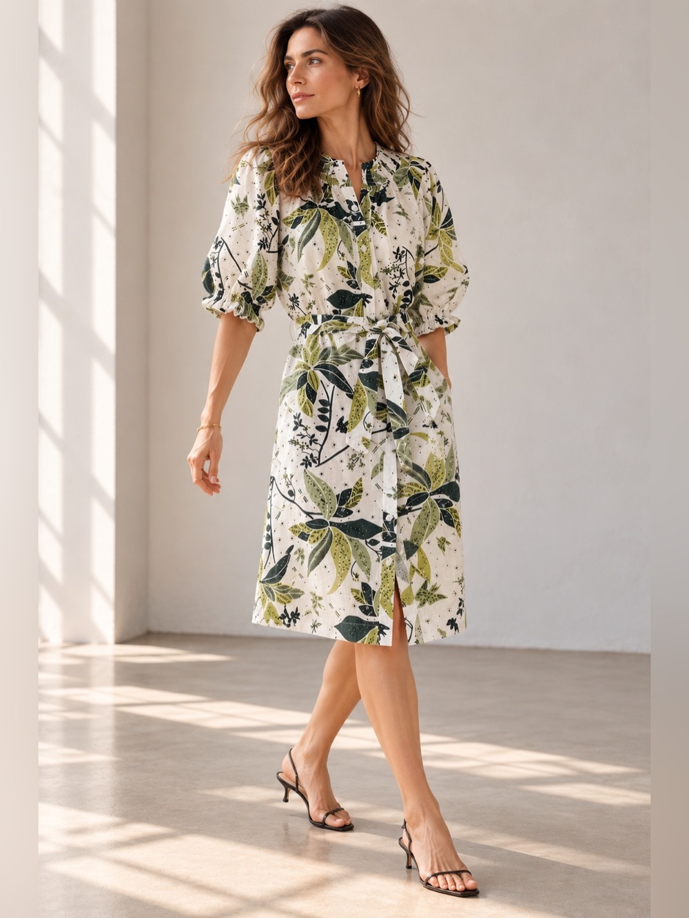 NWOT Boden 100% Linen Botanical Belted Shirt Dress Size 4
